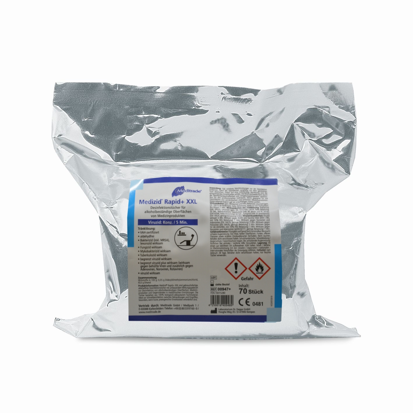 Medizid Rapid+ XXL  Desinfektionstücher | Nachfüllbeutel für Spendereimer | 70 Tücher